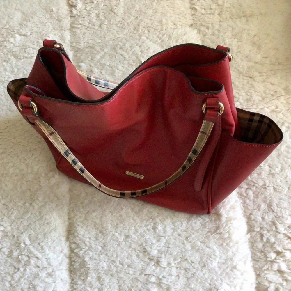 Burberry Calfskin Haymarket Check Small Canterbury Tote Red - Picture 3 of 15